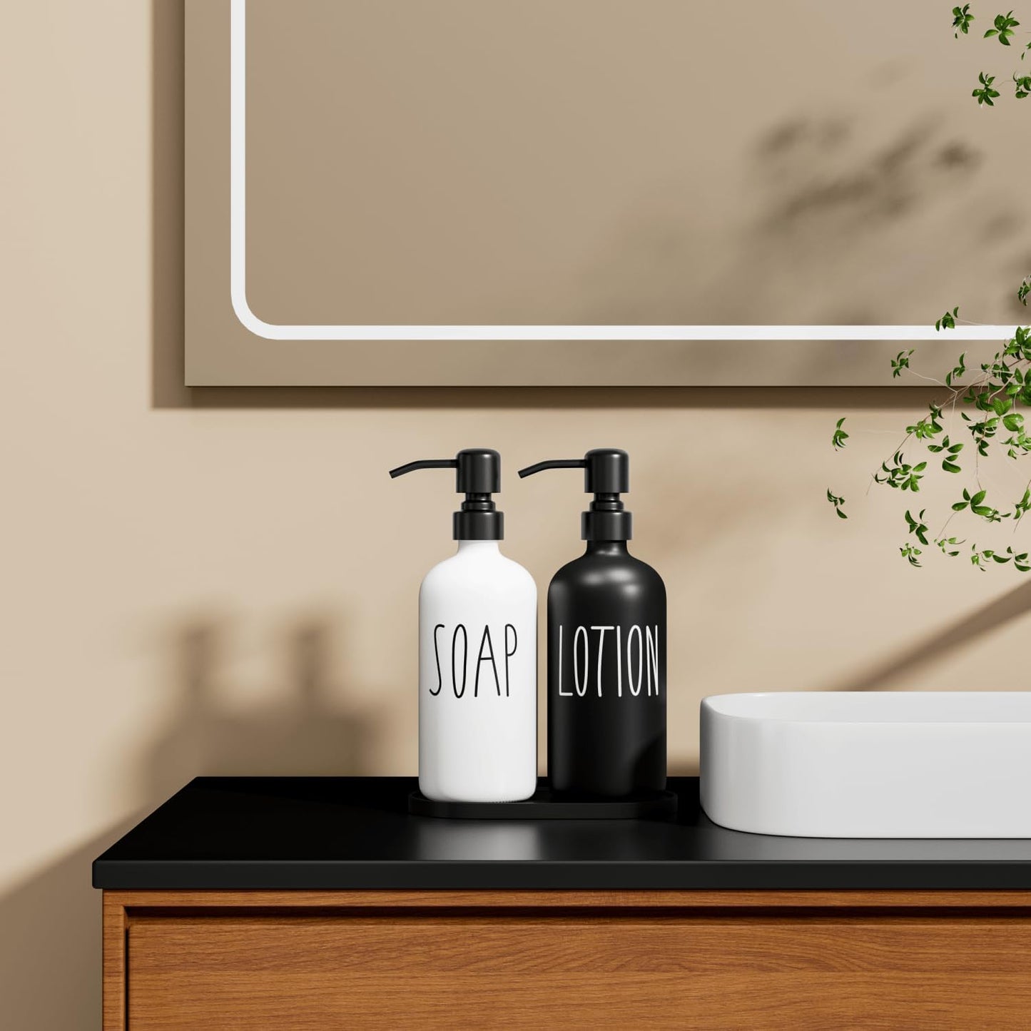 MOMEEMO Glass Soap Dispenser with Stainless Steel Pump, Contains Lotion Dispenser, Hand Soap Dispenser & Tray. (Black & White)