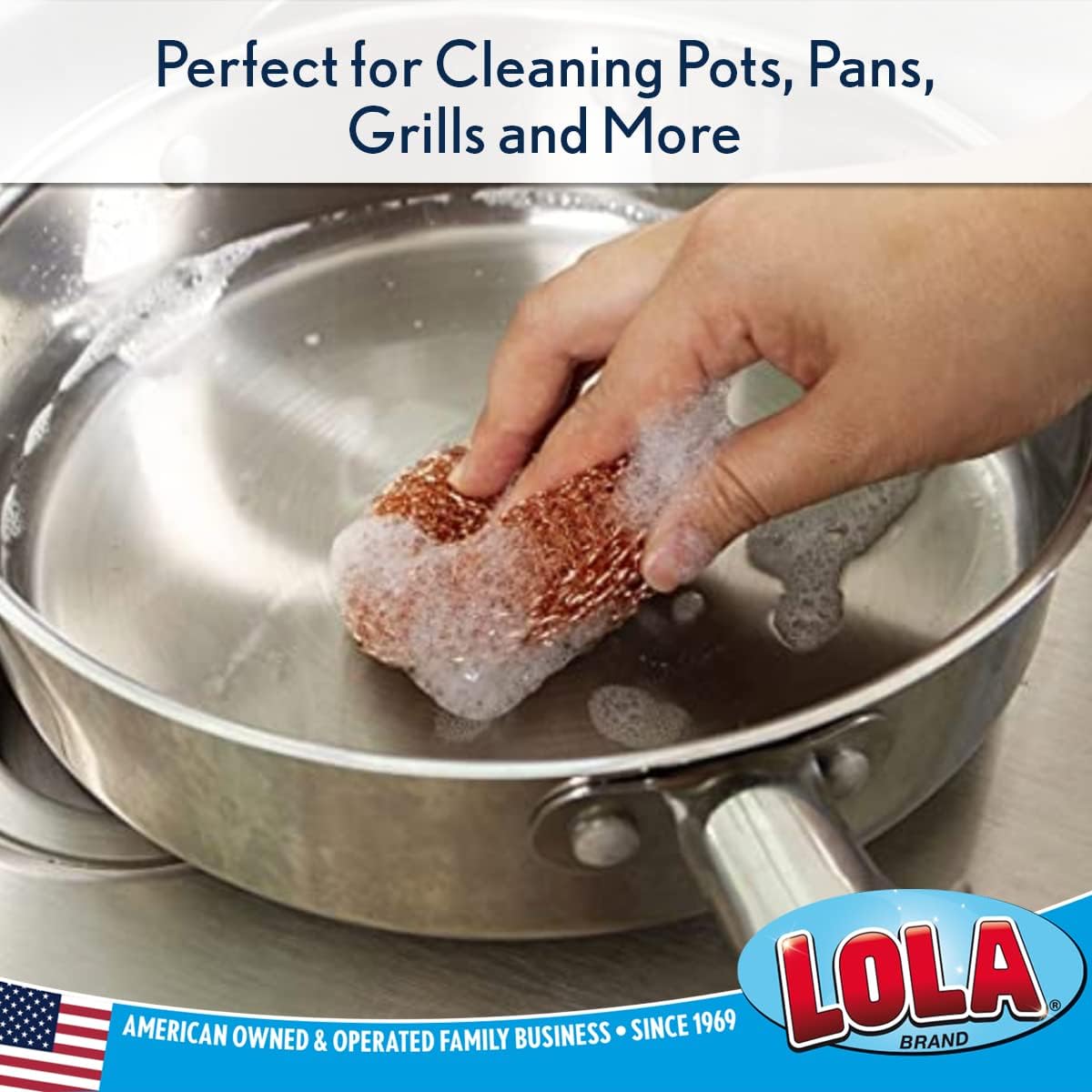 LOLA Copper Mesh Scouring Pad, 18 Grams, 12 Pack, Heavy Duty Cleaning Pads, Copper Coated Knitted Flat Wire Mesh, Recyclable, Cleans Baked On Messes