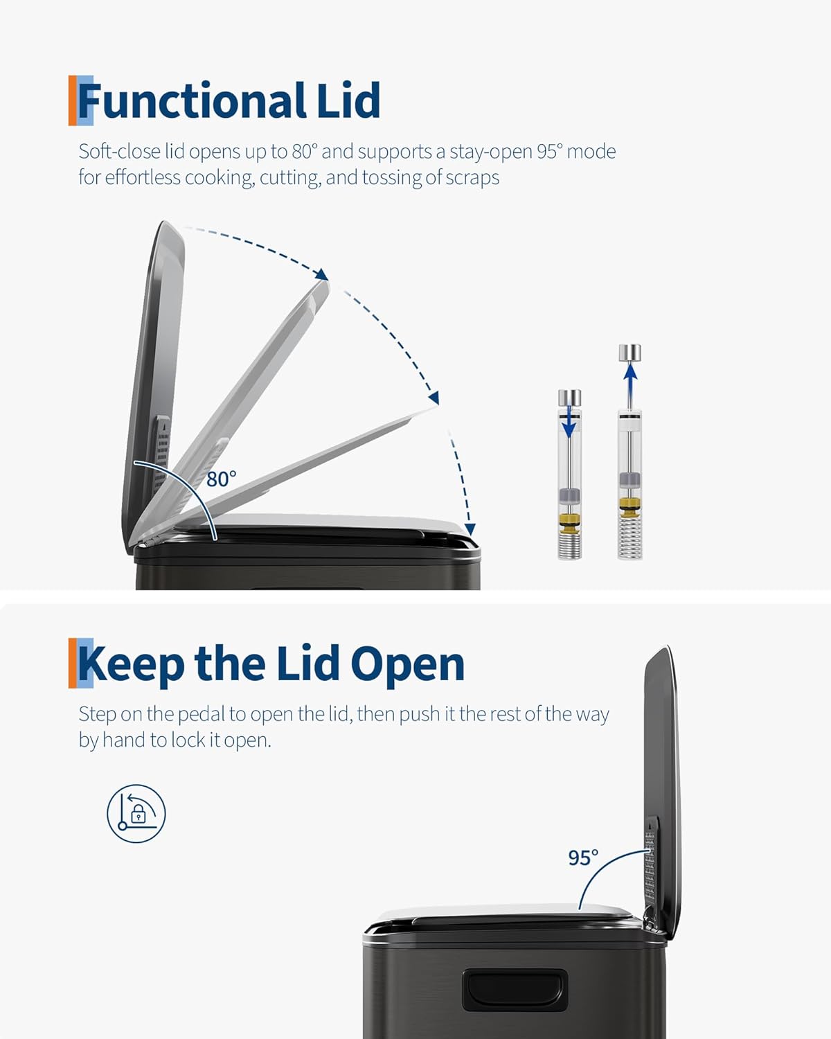 GarveeHome 2 x 8 gal Stainless Steel Double Trash Can with Lid for Kitchen, Large Dual Trash and Recycle Bin Combo, Step-on Kitchen Metal Garbage Cans, PP Inner Buckets, Liner Rim, Matte Black