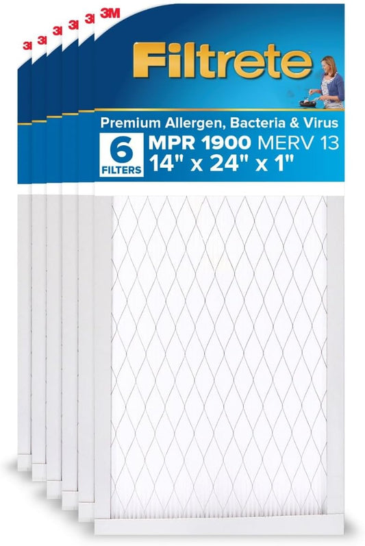 Filtrete 14x24x1 AC Furnace Air Filter, MERV 13, MPR 1900, Premium Allergen, Bacteria & Virus Filter, 3-Month Pleated 1-Inch Electrostatic Air Cleaning Filter, 6-Pack (Actual Size 13.81x23.81x0.78 in)