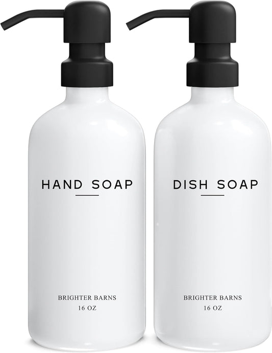 White Glass Hand and Dish Soap Dispenser Set by Brighter Barns - Kitchen Soap Dispenser & Stainless Steel Pump - Glass Bottles for Kitchen Sink - Farmhouse Home Decor, Bathroom Accessories (White)