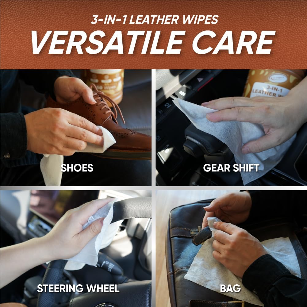 Air Jungles 3in1 Leather Wipes 50 Count, Extra Large 8" x 10" Size, Clean Condition Protect Wipes for Leather Furniture Auto Car Interior Shoes Boots Bags Apparel and Vinyl