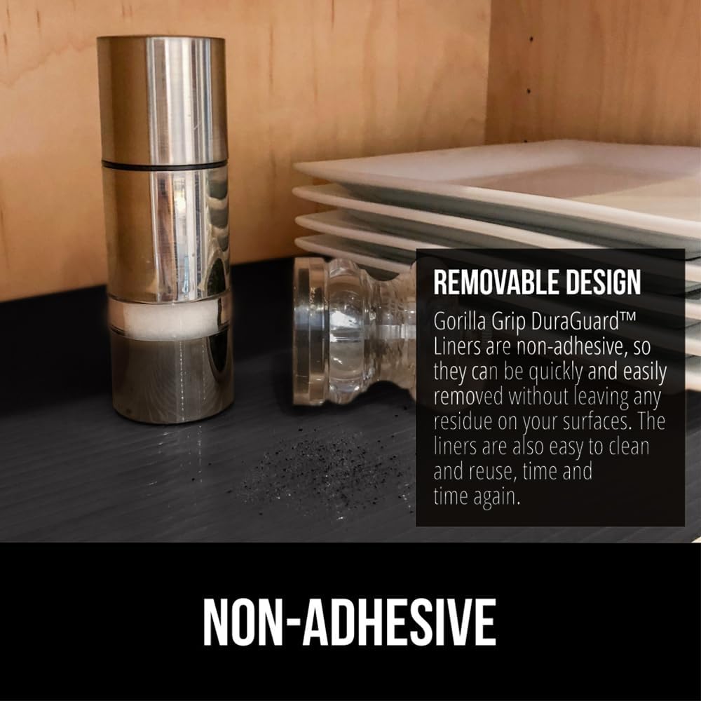 GORILLA GRIP DuraGuard Shelf Liner, Non-Adhesive Cabinet Liners for Kitchen Drawers, Shelves, Refrigerator, Pantry Storage, Bathroom Closet, Durable Waterproof BPA Free Ribbed Plastic, 12x10 Jet Black