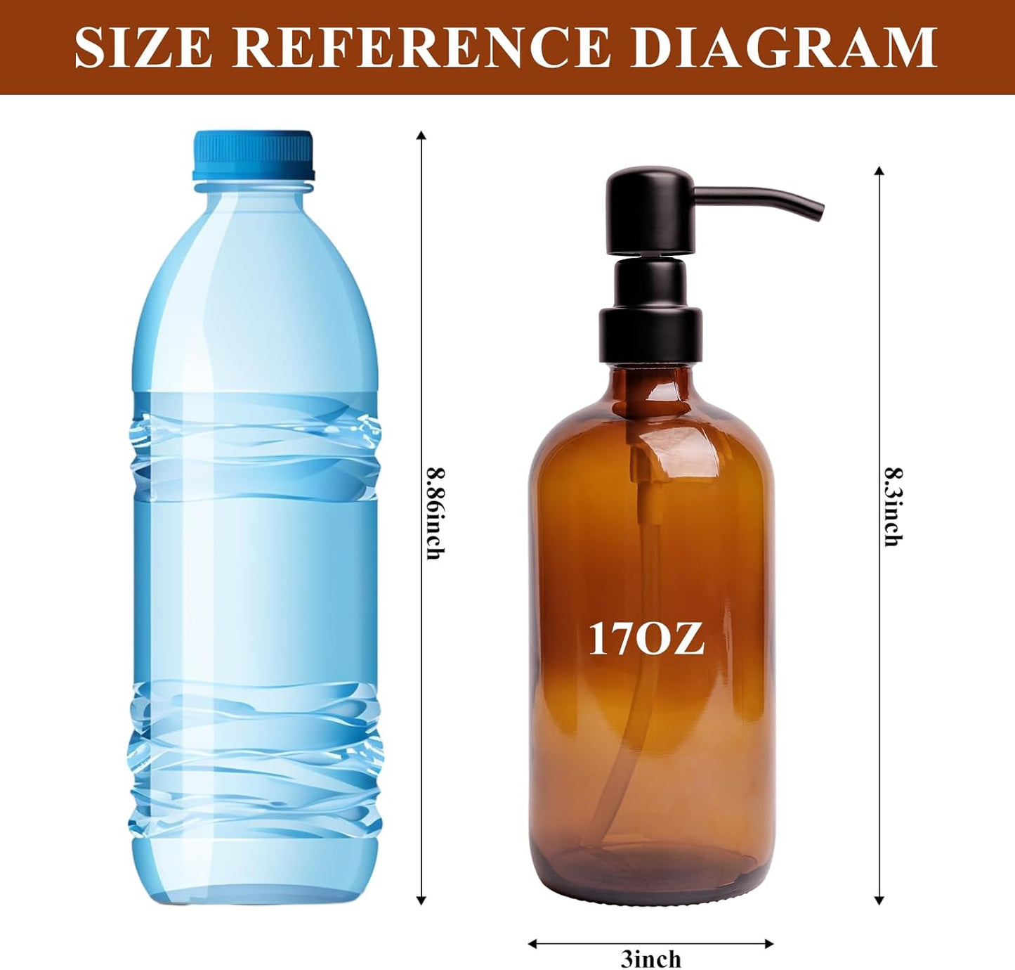 Amber Glass Soap Dispenser, 2 Pack Bathroom Kitchen Soap Dispenser Set with Stainless Steel Pump, 16 oz Dish Soap Hand Soap Dispensers