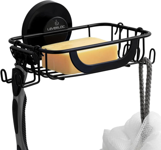 LEVERLOC Soap Holder Dish for Shower Wall, Bar Suction Cup Soap Saver Tray with Hooks, Rust Proof Draining Stainless Steel for Bathroom Bathtub Kitchen Sink & Bath Organizers, Black