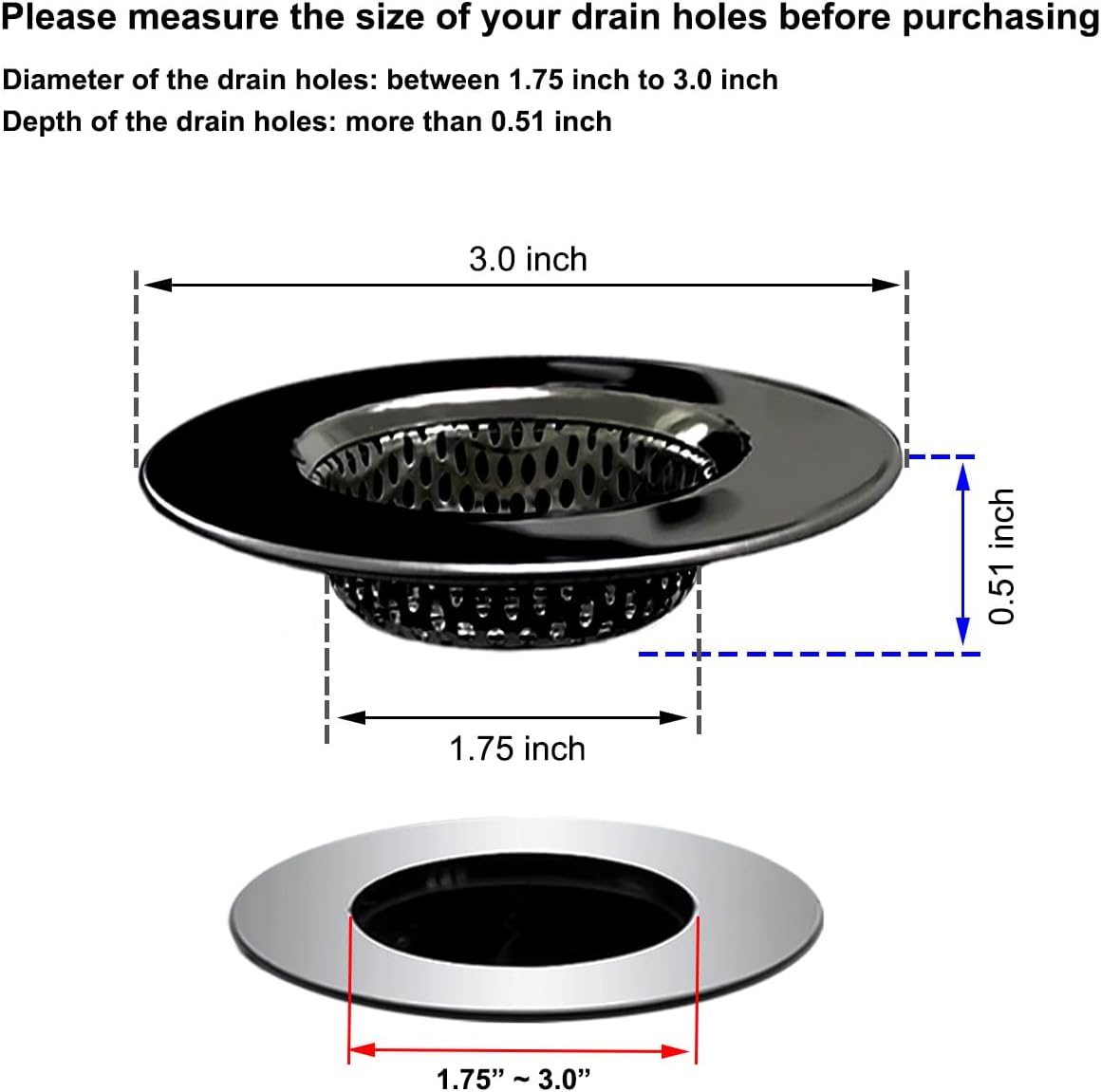 1.75" Bathtub Drain Strainers, Shower Drain Hair Catchers, Stainless Steel Drain Filter Cover for Bathroom Laundry Floor Drain, Fit for 1.75"-3.0" Drain Hole Black