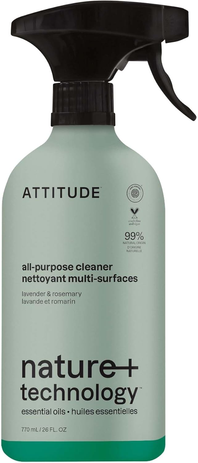 ATTITUDE All-Purpose Cleaner Spray, Natural Origin Ingredients, EWG Verified, Ammonia-Free, Removes Fingerprints, Dust and Dirt, Streak-Less, Lavender & Rosemary, 26 Fl Oz