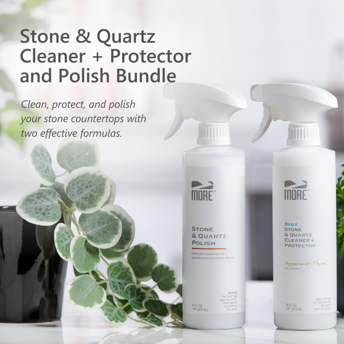 MORE - Twin Pack - Includes Stone & Quartz Cleaner + Polish - Granite, Quartz & Marble Cleaner & Polish - For Kitchen & Bathroom Countertops - Pack of 2 16oz Sprays - Peppermint-Thyme