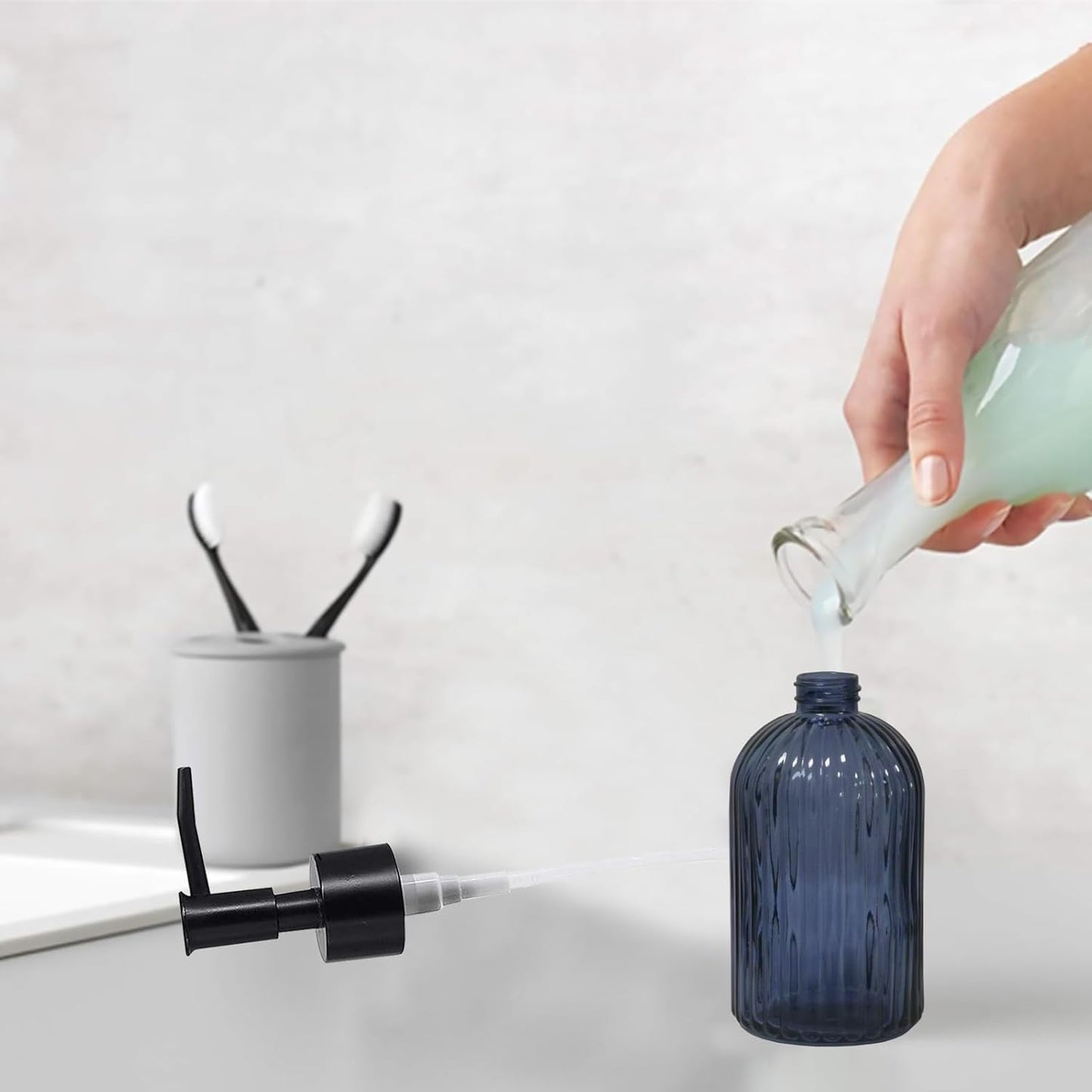 Glass Soap Dispenser with Black Plastic Pump, 13.5oz Refillable Hand Soap Dispenser for Kitchen, Bathroom, Great for Lotions, Essential Oil, Liquid Soap(Grayish Blue)