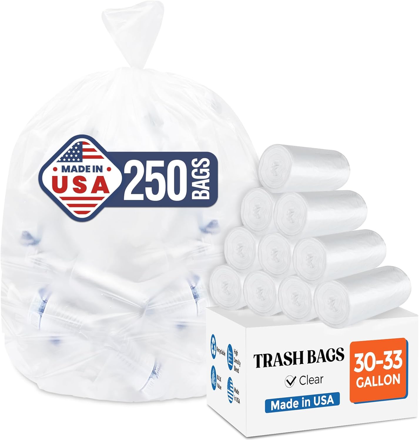 DELXO 30-33 Gallon Trash Bags, 250 Count Heavy Duty Large Clear Garbage Bags, Thick Durable and Puncture-Resistant Plastic Bags for Kitchens, Yards & Offices, Made in USA