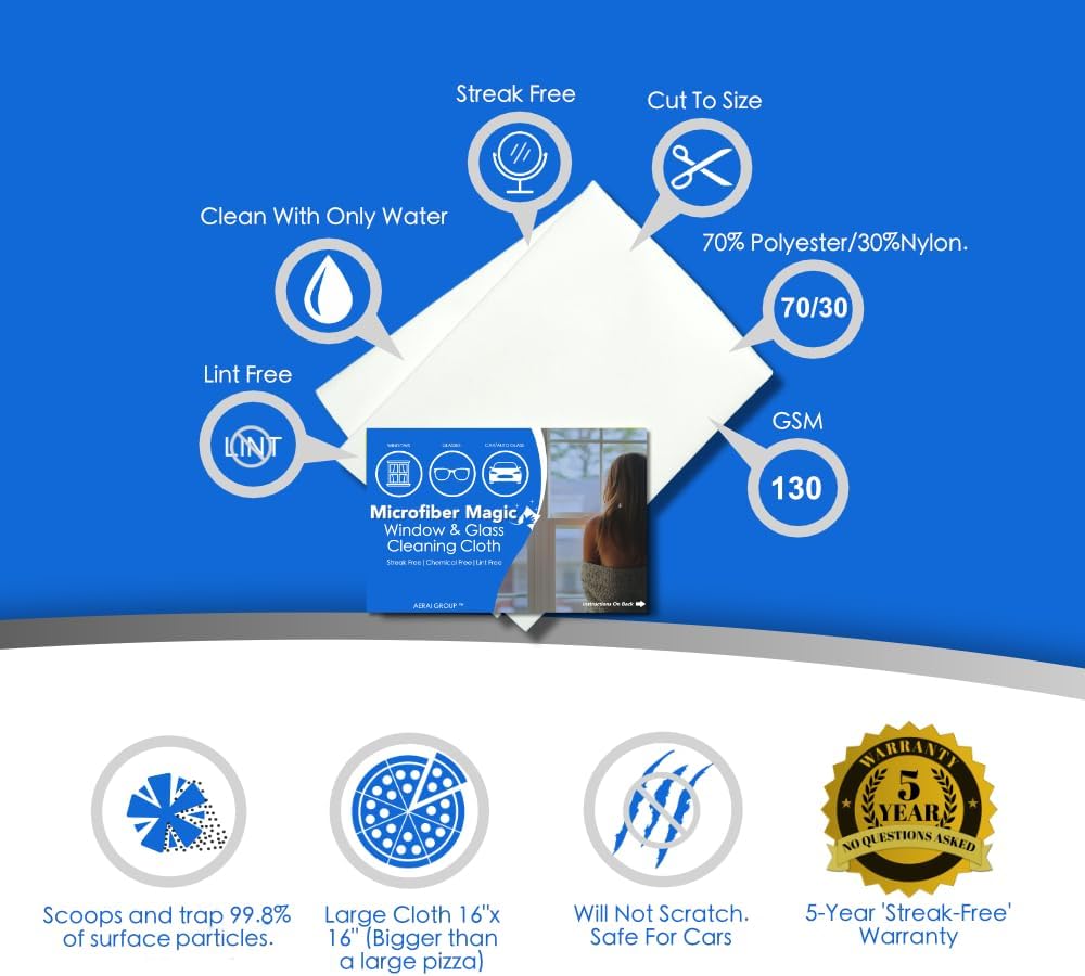 Microfiber Magic 4 Pack Glass & Mirror Cleaning Cloths - Streak Free, Lint Free, Perfect for Cars & Windows