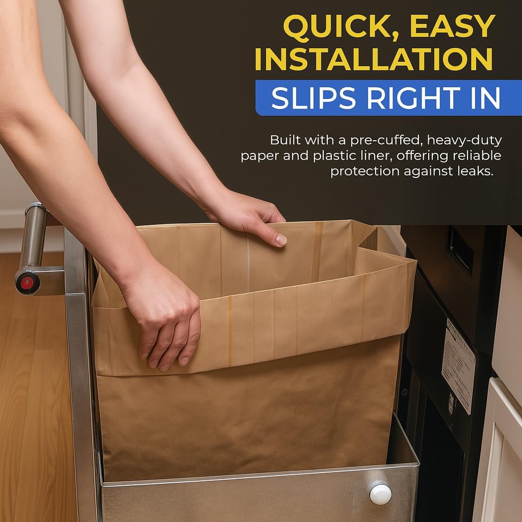 Trash Compactor Bags for Kitchen - 15 PACK - Pre-Cuffed, Super Strong & Heavy Duty Kitchen Trash Bags with Leak Proof Plastic Liner, Fits GE Model Compactors with Rectangular Containers