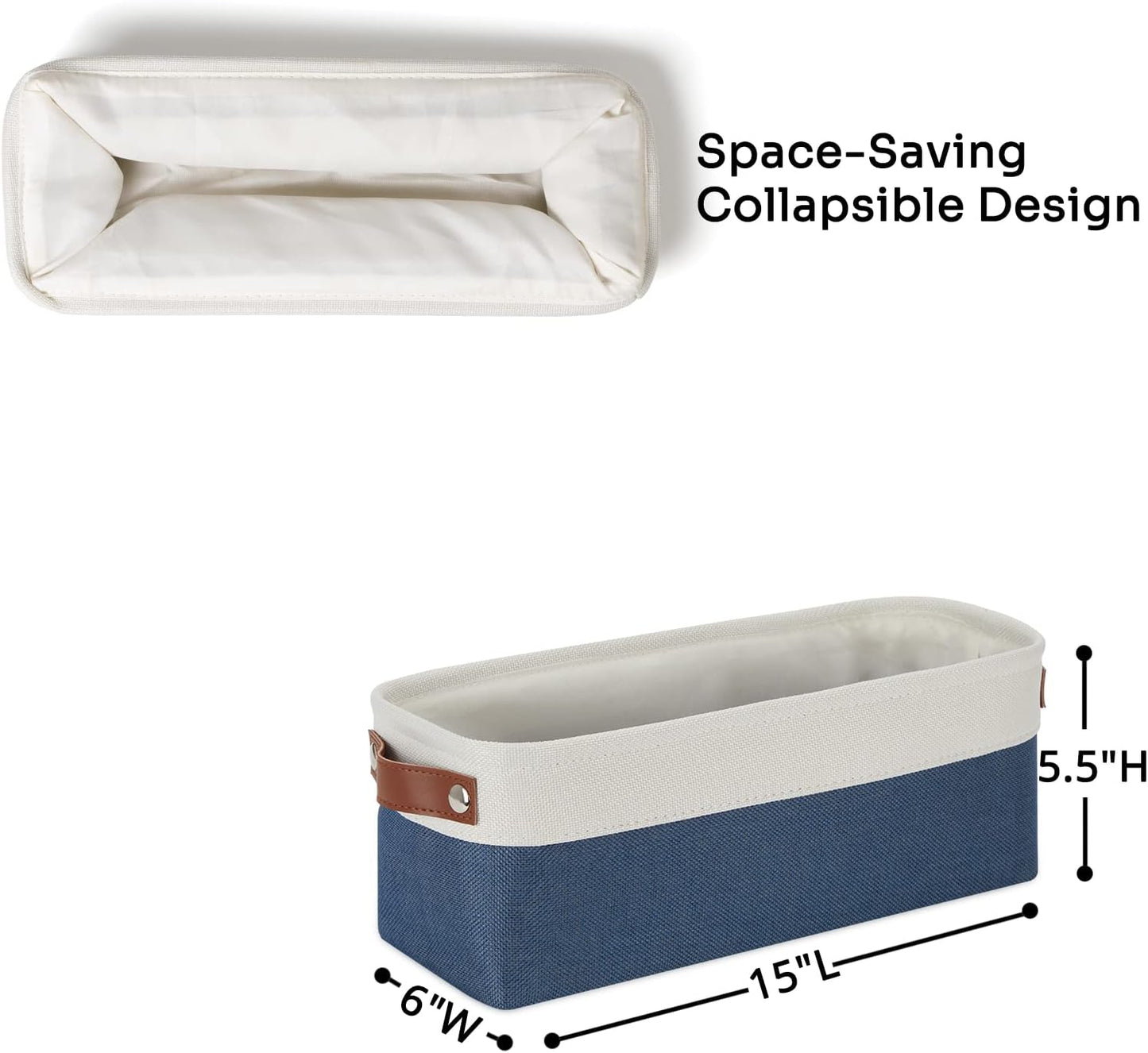 DULLEMELO Narrow Storage Basket,Toilet Paper Basket with Leather Handles for Back of Toilet, Vanities, Shelves & Cabinets (White&Blue-1 Pack)