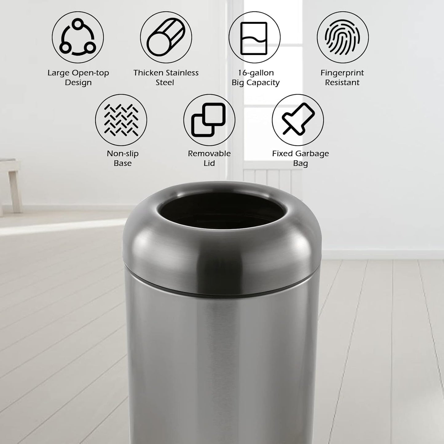 Dyna-Living Stainless Steel Trash Can Outdoor Large Garbage Can with Lid Open Top Trash Bin Commercial Big Kitchen Garbage Bin Industrial Metal Trash Enclosure (Black)