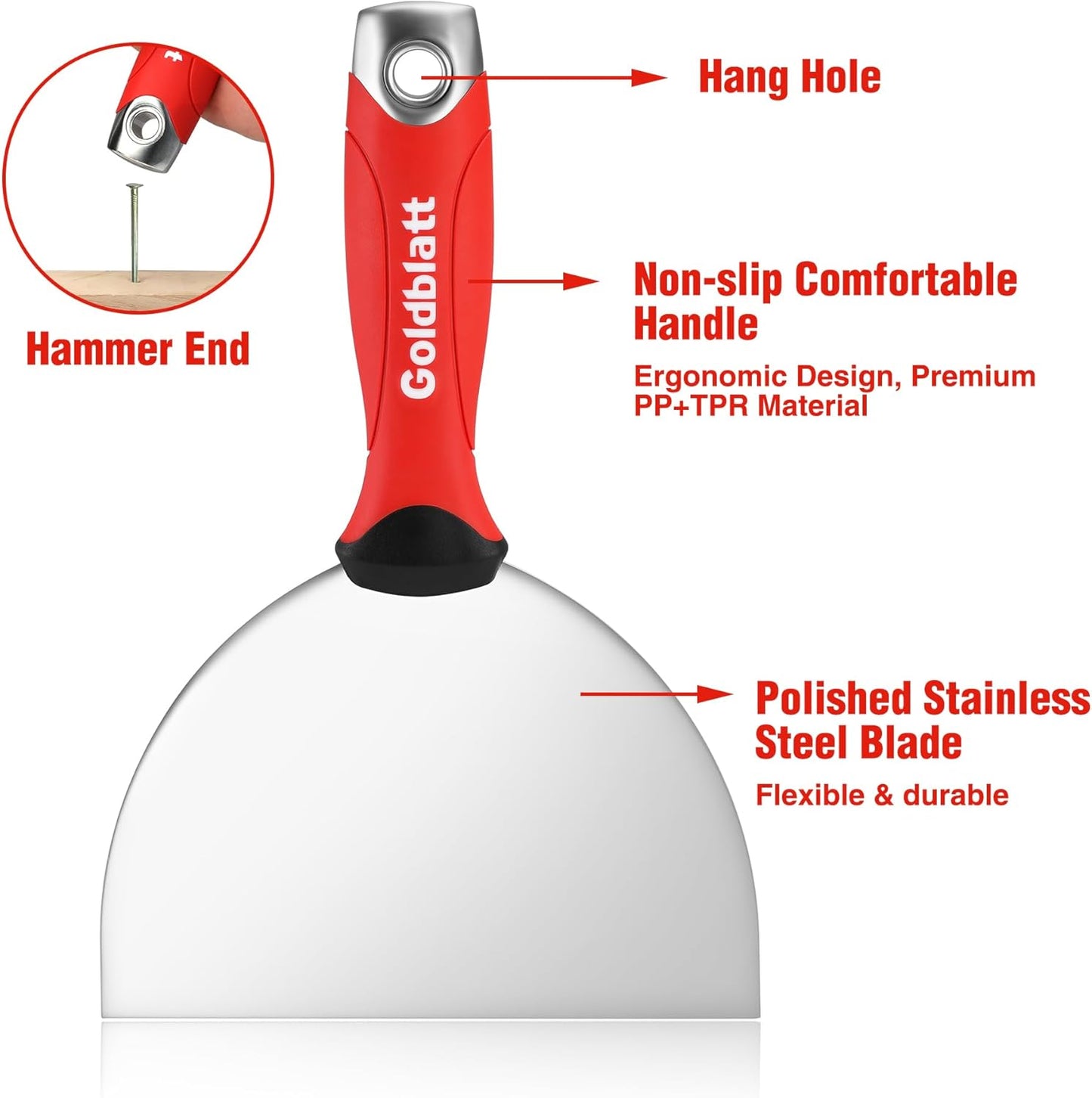 Goldblatt 6" Putty Knife, Stainless Steel Scraping Paint, Putty Knife Scraper with Hammer End, Soft Grip, Perfect for Drywall Repairing and Finishing