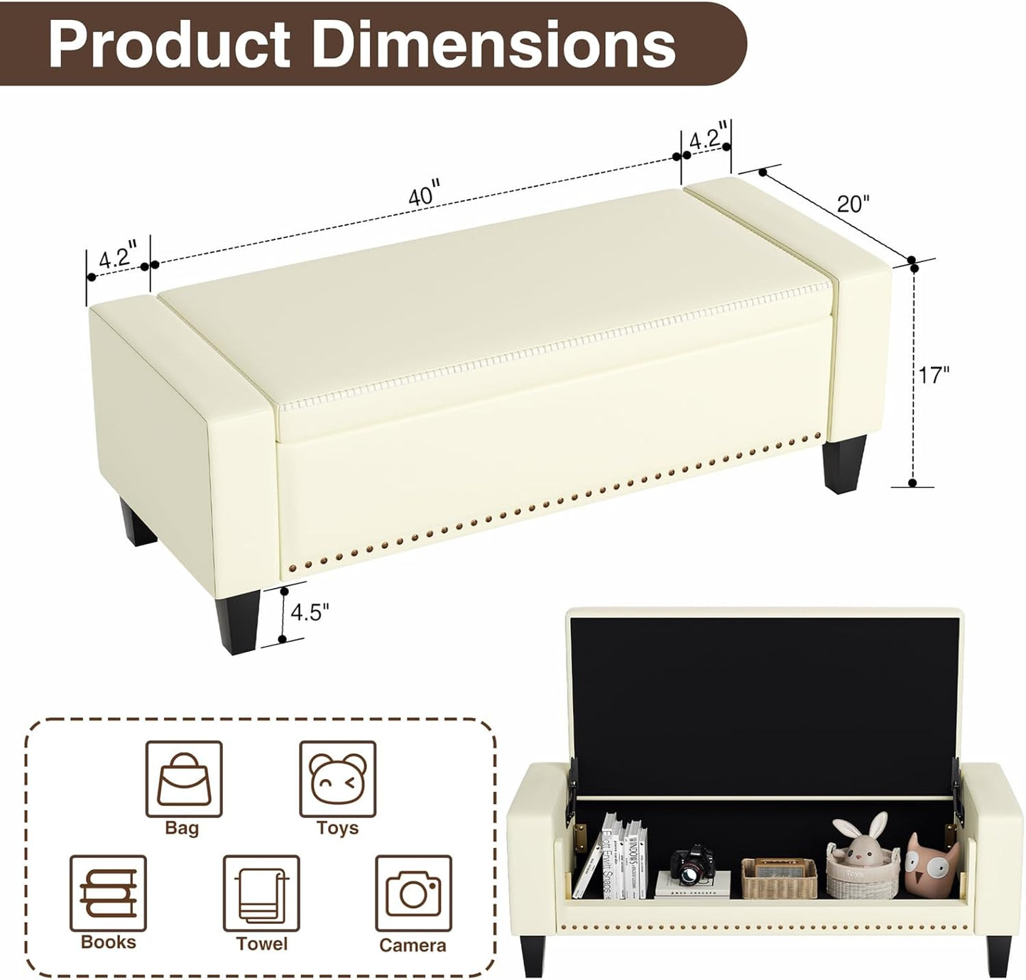 48.8" Storage Ottoman Bench Cream White | Faux Leather Bedroom Bench with Lift Top for Living Room & Bed End