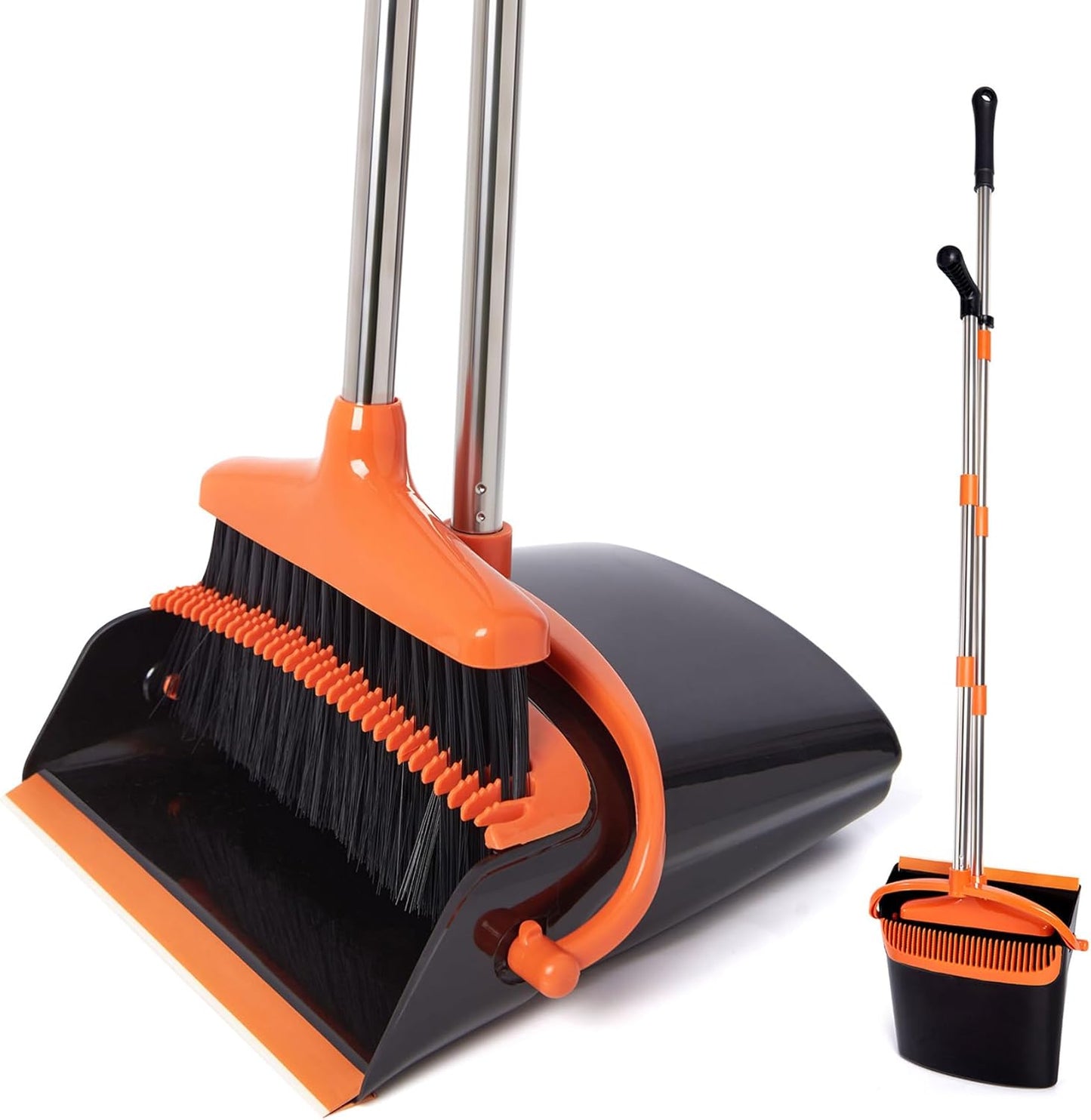 Broom and Dustpan Set with Long Handle, Light Weight Stainless Steel Poles Stand Upright Dustpans with Broom Combo for Home Kitchen Office Pet Dog Hair, Black & Orange Color, 1-Pack