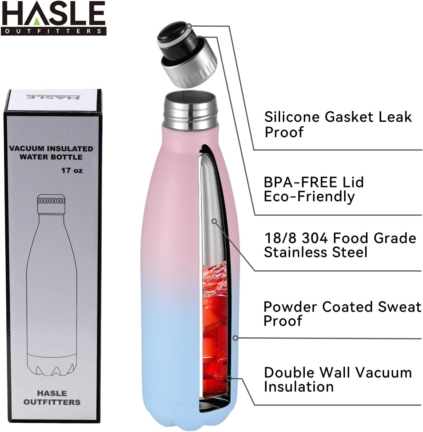 HASLE OUTFITTERS 17oz Stainless Steel Water Bottles, Vacuum Insulated Water Bottles Double Walled Powder Coated Reusable Metal Sports Water Bottles Keep Drinks Hot and Cold, Pink Blue, 1Pack