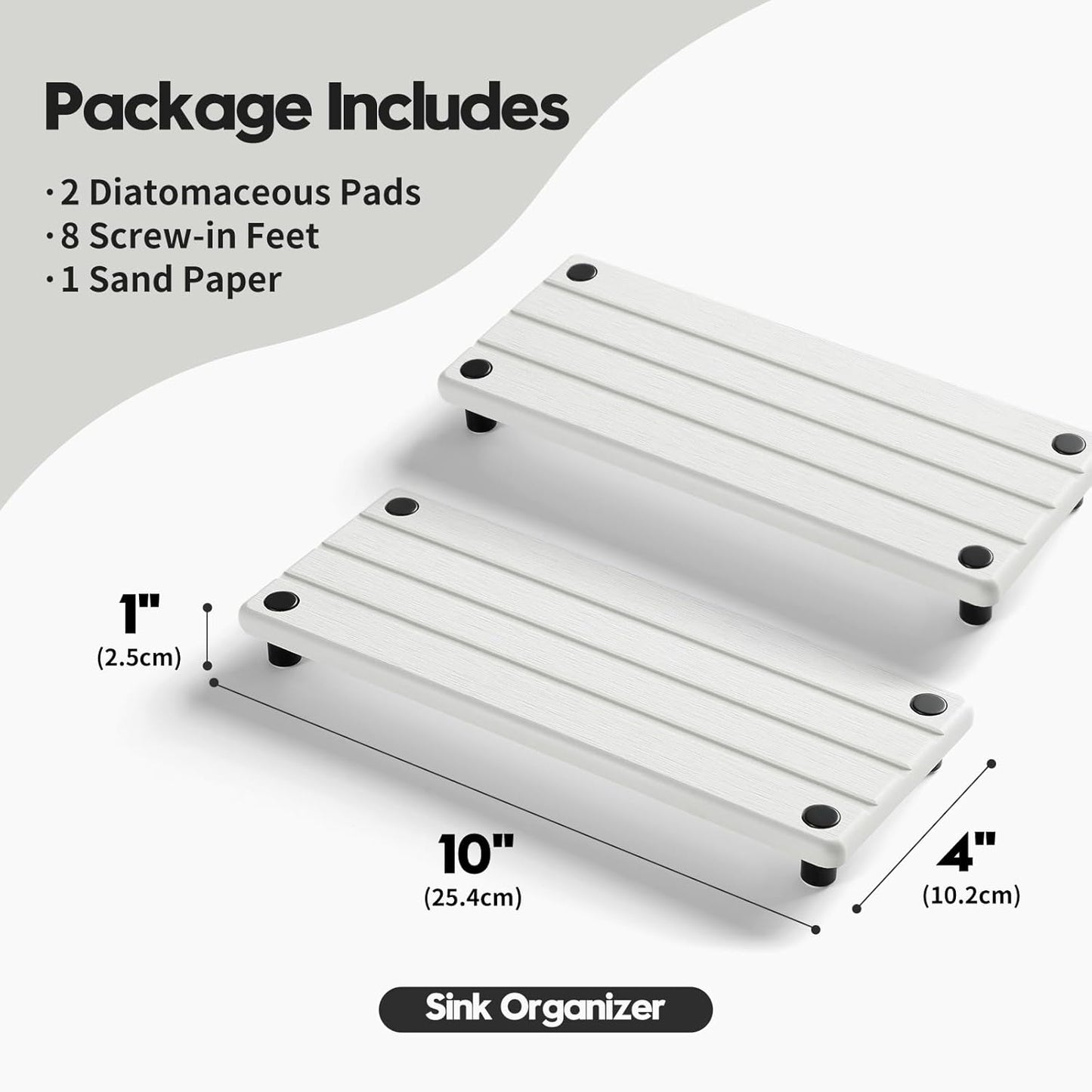 2 Pack Fast Drying Water Absorbing Diatomite Stone Mat Tray for Kitchen & Bathroom Counter - Instant Dry Sink Caddy Organizer - Vanity Holder for Soap and Sponge – White 10" x 4"