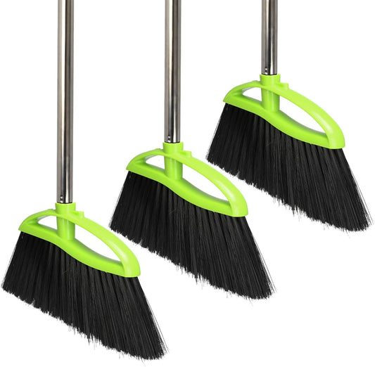 3 Packs Indoor Brooms Green Angle Broom Soft Bristles Long Handle for Hardwood Floor Sweeping