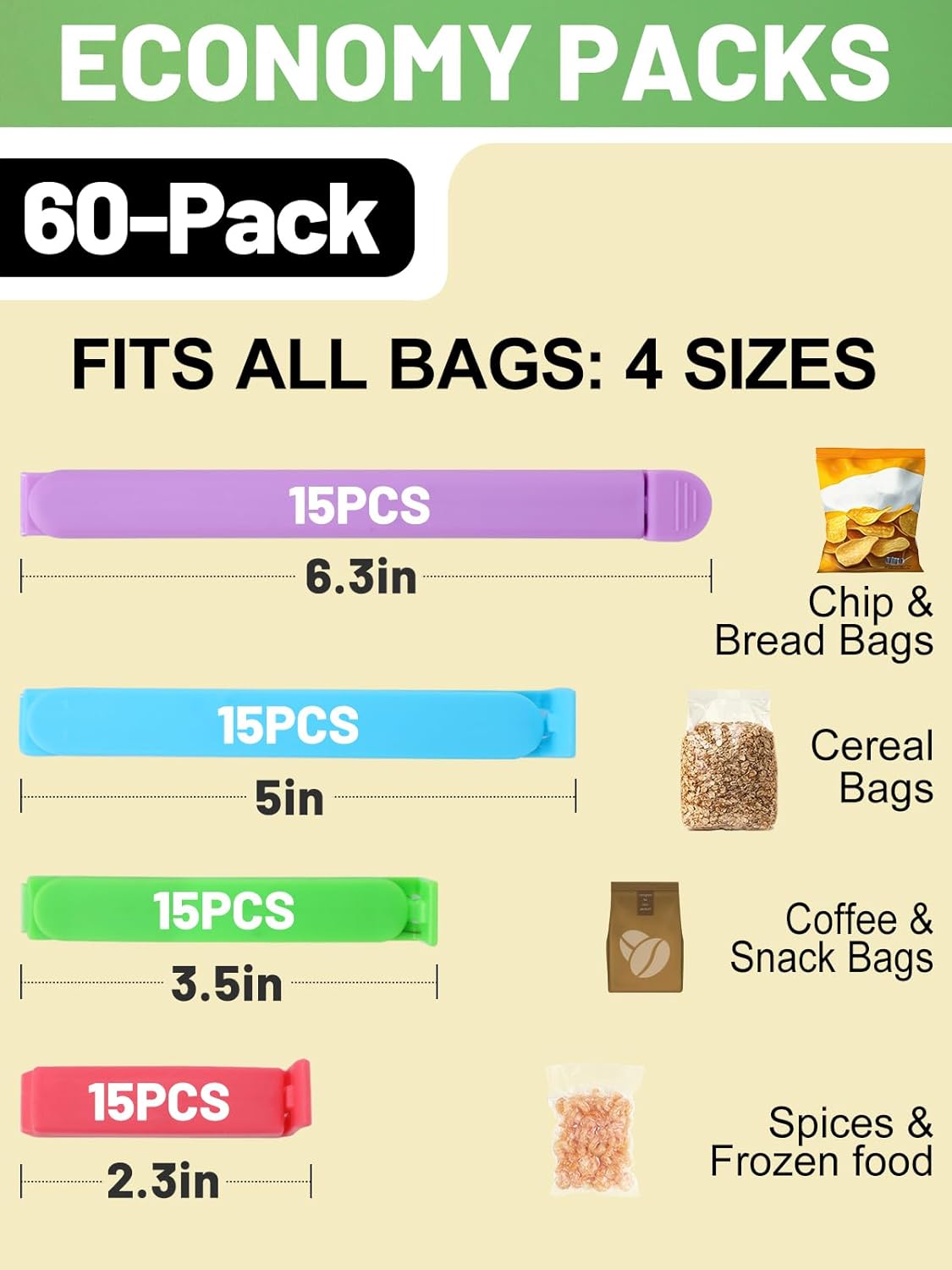 60 PCS Colorful Chip Clips - 4 Sizes Good Sealing Bag Clips for Food Snack Storage, Keeps Coffee, Bread, Cookies Fresh (6.3", 5", 3.5", 2.3")