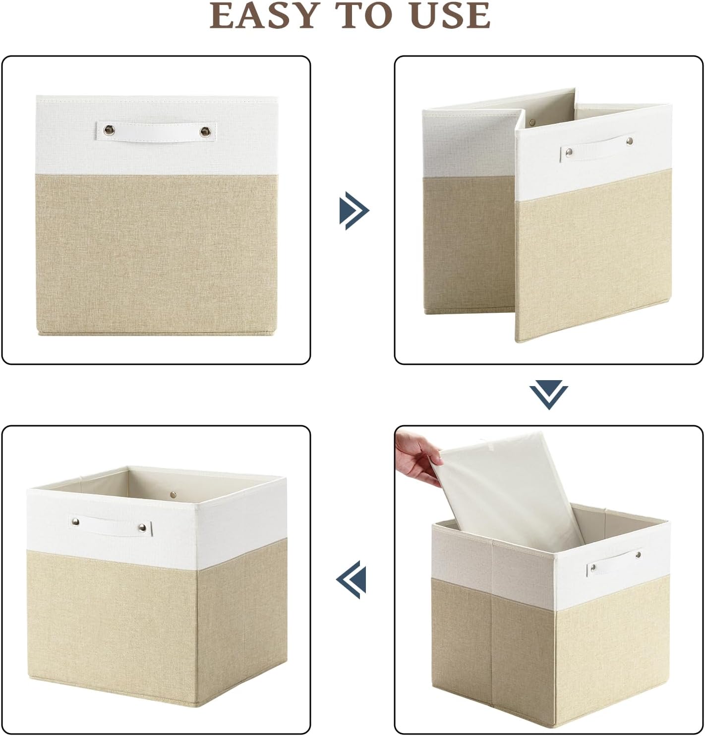 13 x 13 Inch Fine Linen Storage Bins with Handles，Fabric Cube Boxs，Collapsible Basket Organizers for Shelves for Home, Closet Drawers (White/Khaki-4 Pack)