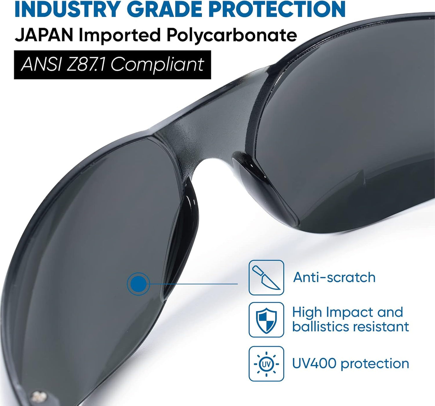 amoolo Tinted Safety Glasses Bulk of 48, Protective Safety Sunglasses, Dark Smoke Lenses for UV Protection, ANSI Z87.1 Impact Resistant Eye Protection for Work, Lab, Construction