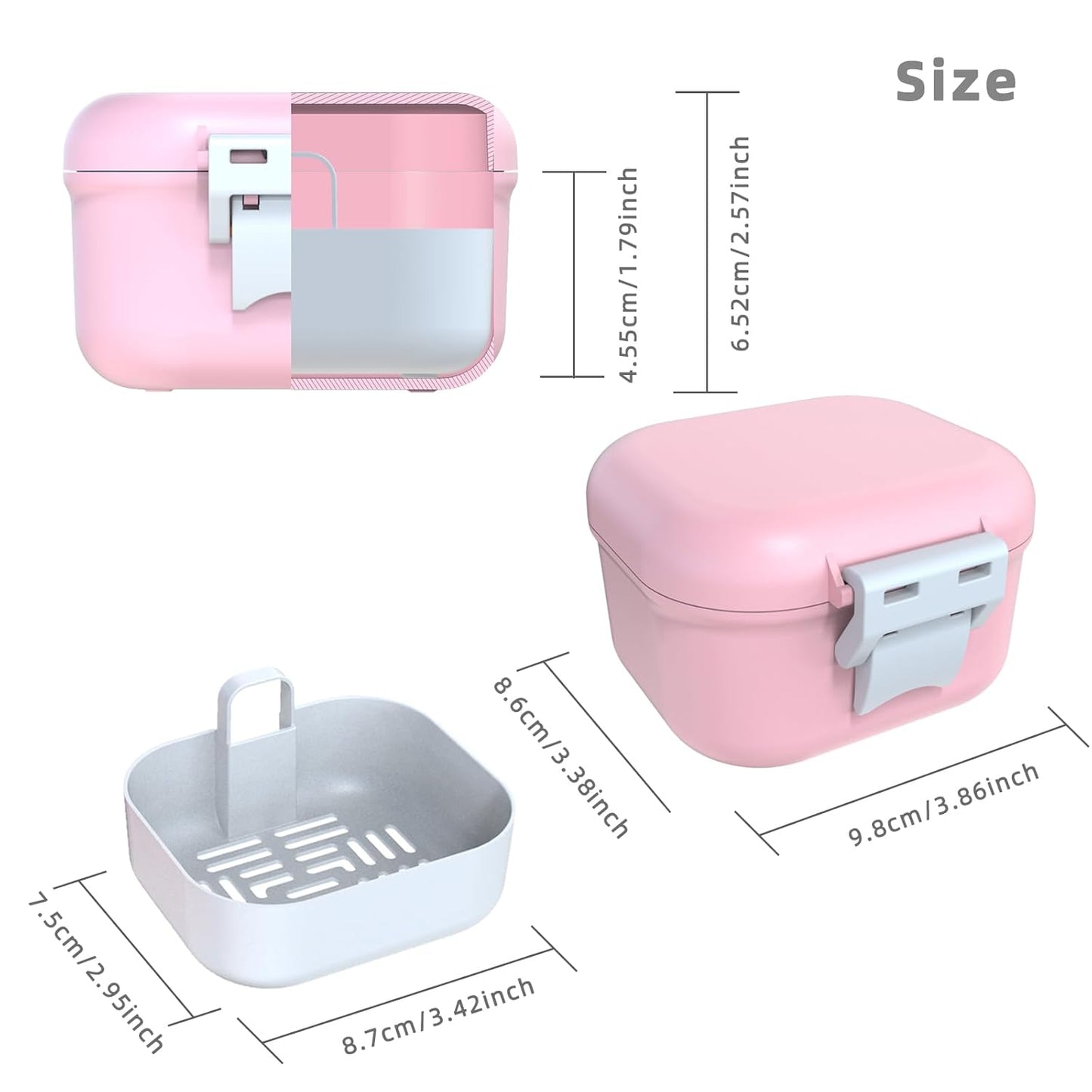 ARGOMAX Leak Proof Denture Bath Cup, Portable Soaking Denture Box, Denture Bath Case with Strainer, for Dentures and Braces (Pink + White).