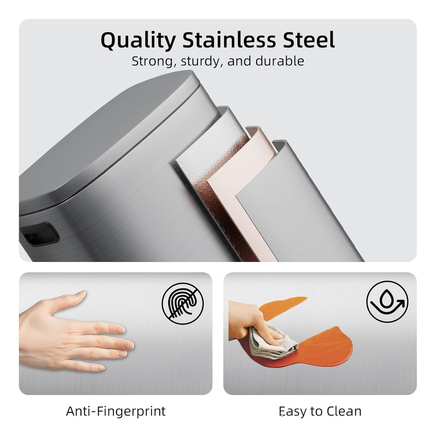 KUK 13 Gallon/50L Stainless Steel Kitchen Trash Can with Lid and Step Pedal-Large Capacity Garbage Bin with Odor Seal, Silent Close Lid, Removable Inner Bucket, Titanium Silver