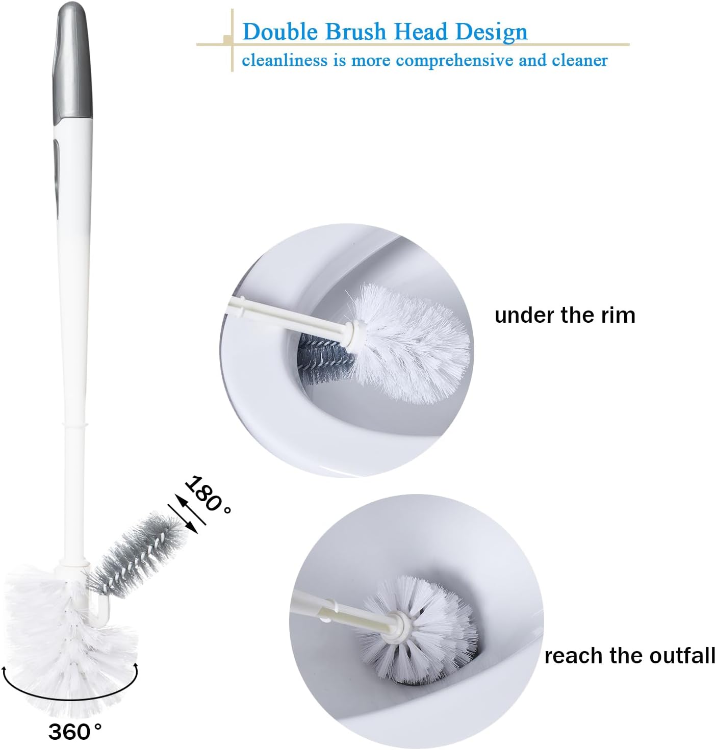 2 Pack Toilet Bowl Brush with Holder for Bathroom, Under-Rim Double Brush Head, Long Handle Household Cleaning Brushes Set (2 Pack Grey Brush with Holder)