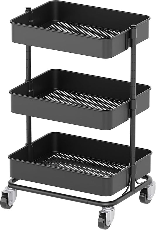 3 Tier Modern Metal Rolling Tool Cart with Silent Casters, 15.35x11.81x23.74 inch Heavy Duty Organization Truck Trolley Organizer for Office, Living Room, Kitchen, (Black)