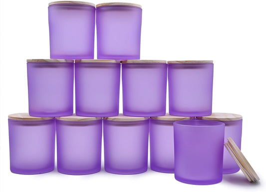 14 OZ Thick Candle Jars for Making Candles 12 Pcs, 3 Wick Empty Jars with Wood Lids for Candle Making, Sample Container, Frosted Purple
