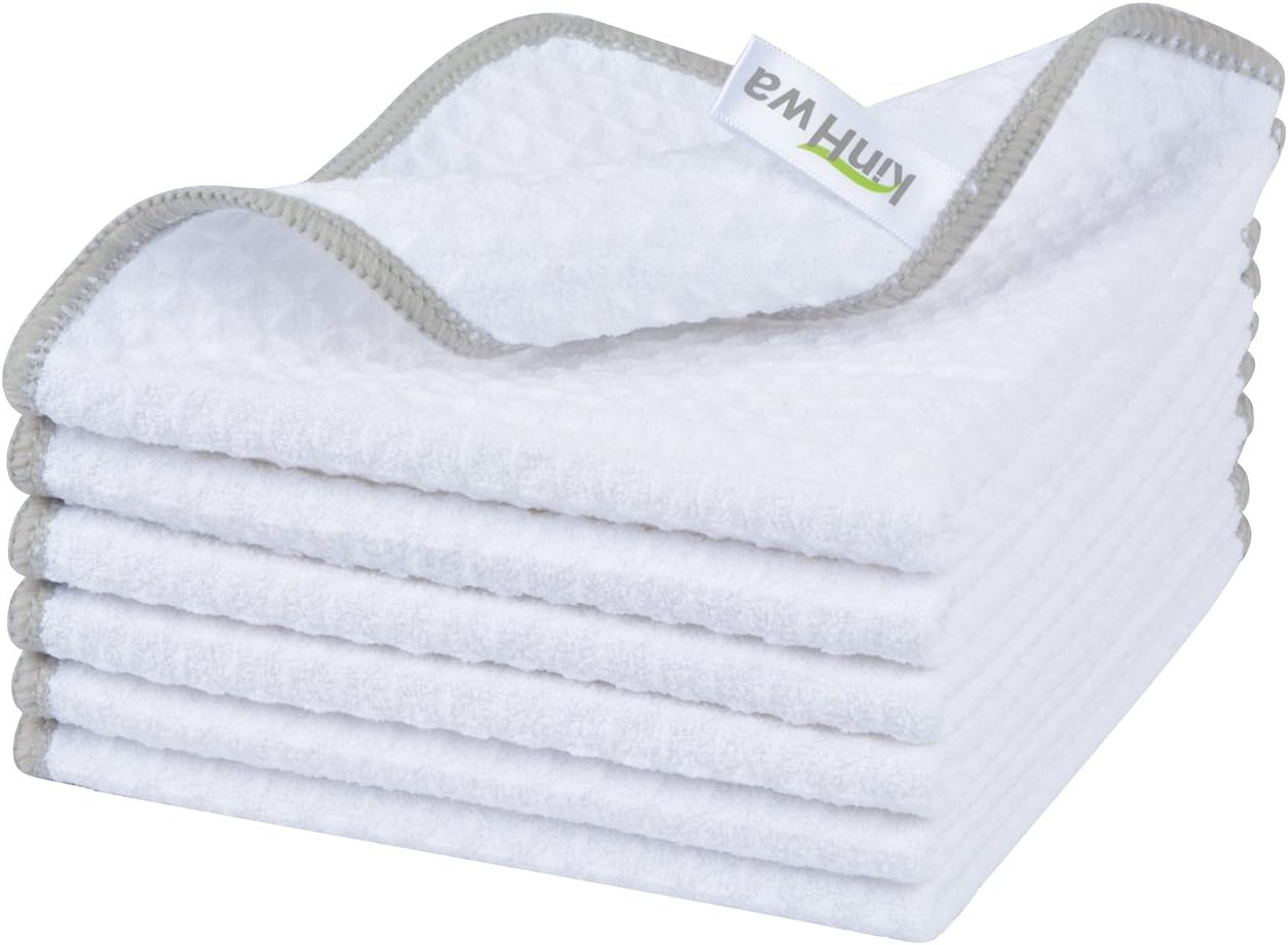 KinHwa Microfiber Dish Cloths Thick Waffle Weave Kitchen Dish Rags Ultra Absorbent Dishcloths 12inch x 12inch 6 Pack - White