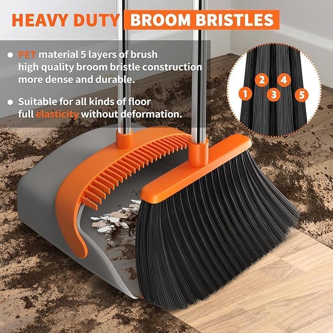 Broom and Dustpan Set – Upright Standing Broom with Long Handle and Clip-On Dustpan – Indoor Sweeping Set for Home, Office, or Kitchen – Space-Saving & Easy to Store (Orange & Black)
