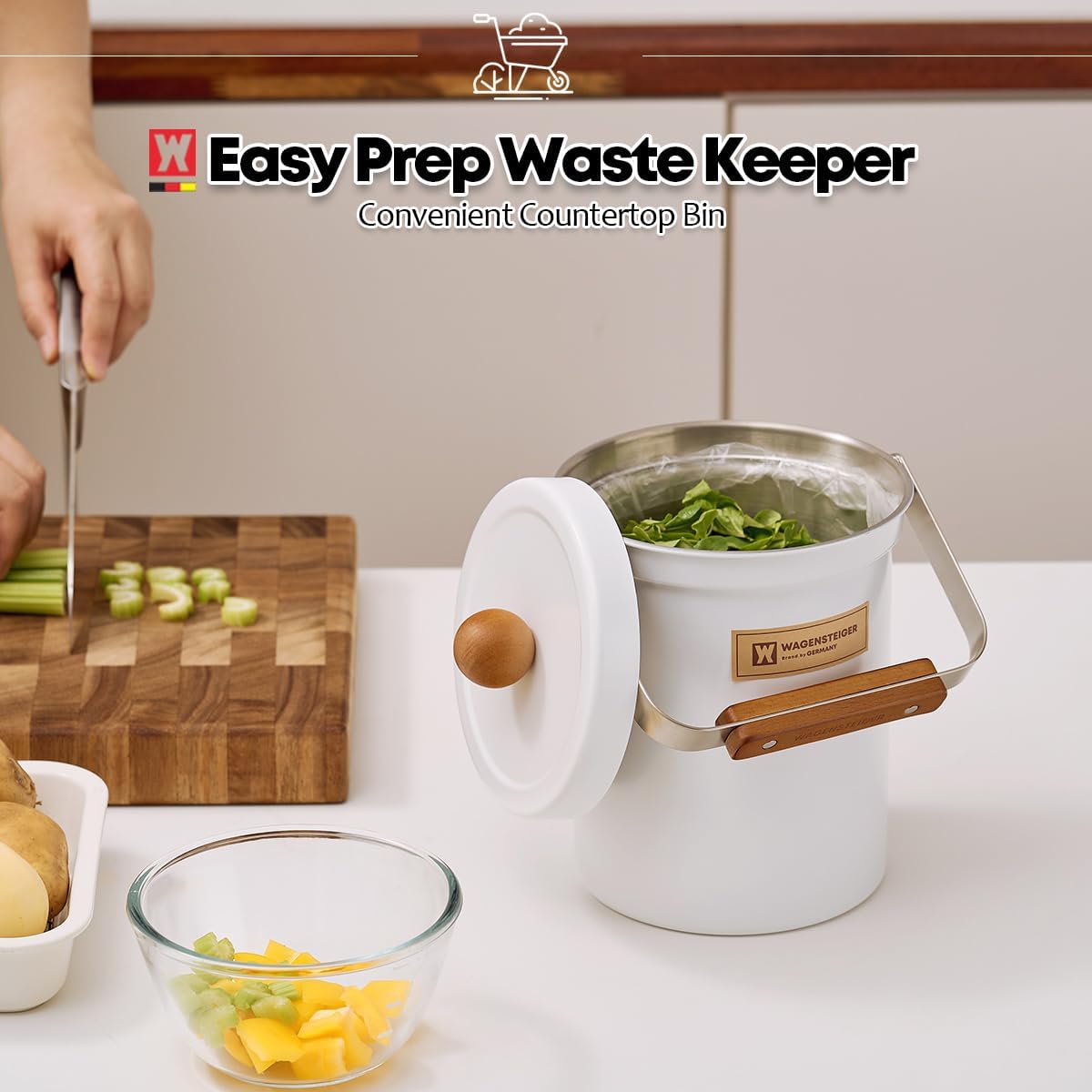 Kitchen Countertop Compost Bin 101ounces / 3Liters, Airtight Lid SUS304 Stainless Steel Odor-Free Food Waste Bin with Wooden Handle Stylish Design/Bathroom Trash Can (White)