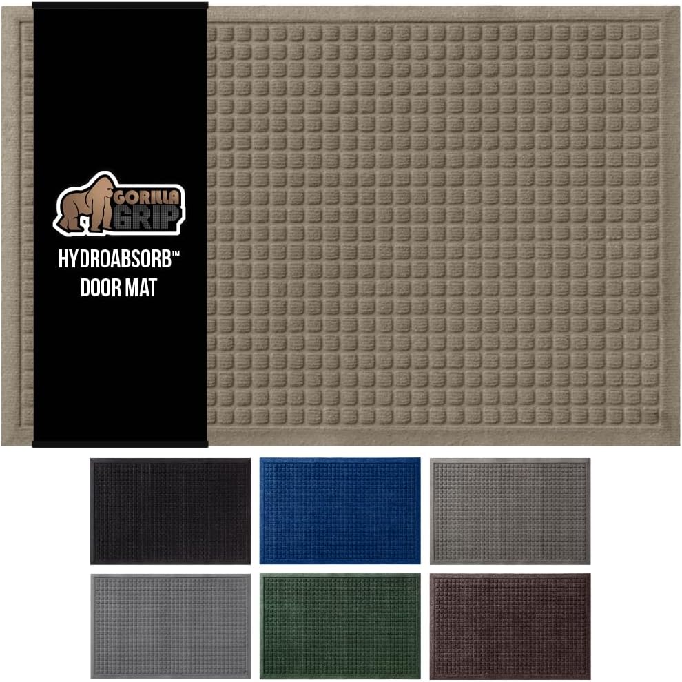GORILLA GRIP Front Door Mat, 47x35, Indoor Outdoor Ultra Absorbent HydroAbsorb Doormat, Absorbs Up to 6 Cups of Water, Stain and Fade Resistant, Rubber Backing Doormats, Captures Dirt, Beige