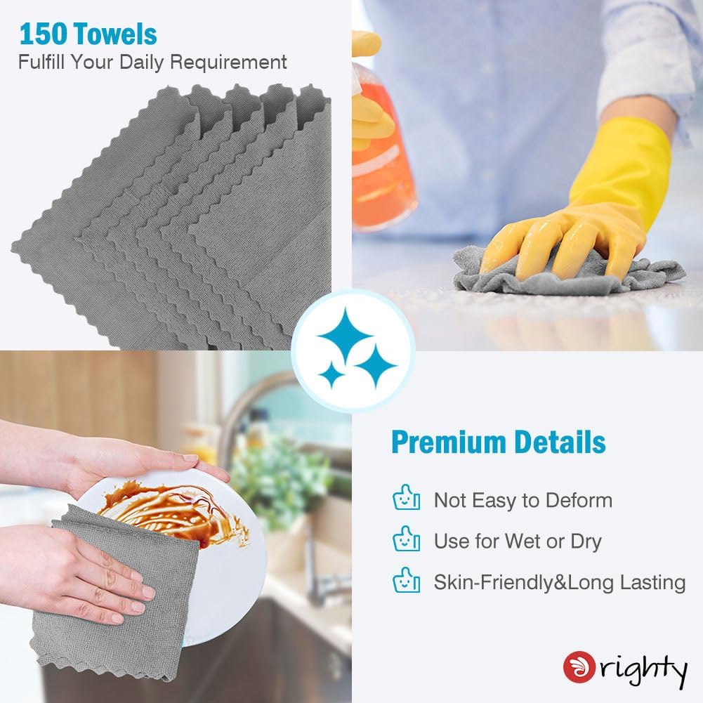 Orighty Grey Microfiber Cleaning Cloth, 150 Pack Highly Absorbent Cleaning Supplies, Lint Free Kitchen Towels Cleaning Rags, Microfiber Towels for Cars, House, Window, 12x12 inch