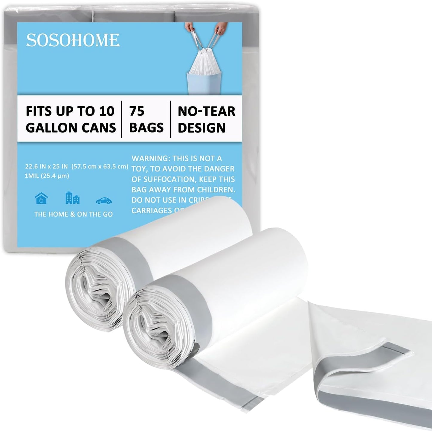 10 Gallon Trash Bags Drawstring, 1 Mil Thick White Garbage Bag for Office Kitchen, 75 Count