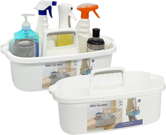 2 Pack Multi-Purpose Plastic Cleaning Caddy with Handle, Shower Caddy Organizer/Storage Basket/Totes Portable for Bathroom Supplies, Cleaning Products, Under Sink Tool, Housekeepers(White2)