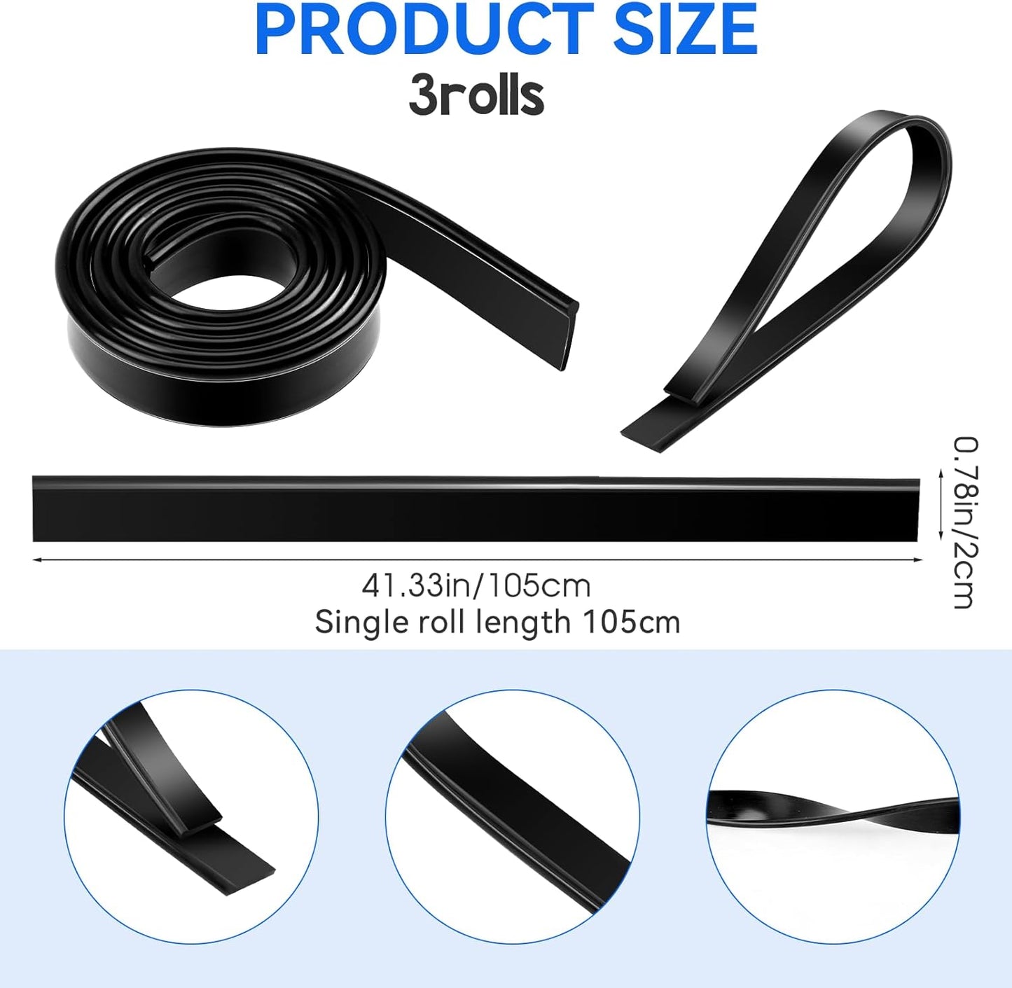 3 Rolls Squeegee Replacement Rubber Blades 41 Inch Silicone Black Blade for Glass Cleaning, Windows, Shower Doors - Scrubber Refill Head