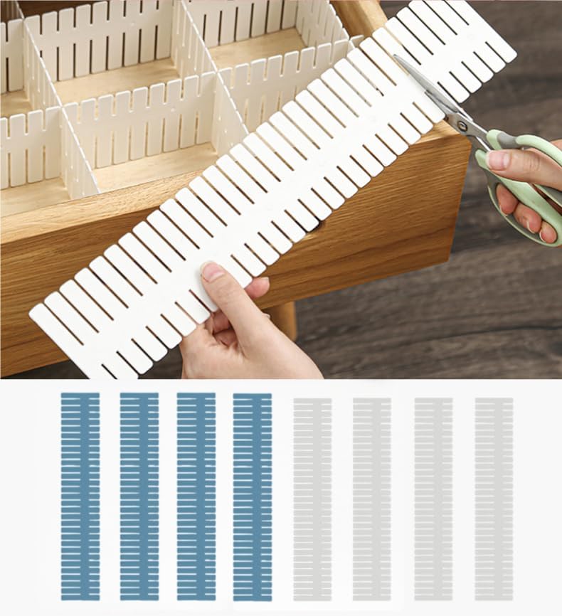 Adjustable Drawer Divider Kit – 8 Pack (White + Blue) – DIY Expandable Drawer Organizer for Dresser, Kitchen, Bathroom