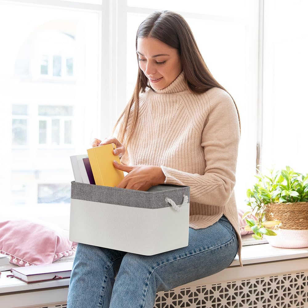 Organization and Storage Bins for Shelves - Large 4 Pack 16x12x8 inch Collapsible Storage Basket for Organizing, Fabric Storage Cubes for Box Closet Cloth Toy Nursery Books Kids (Grey & White)