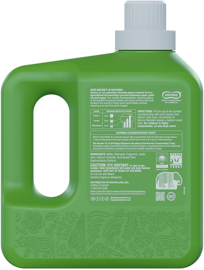 Happy Elephant Fabric Softener, White Tea & Fig Scent, Natural Biodegradable Liquid Fabric Softener, Plant Based, Softens Clothes & Reduces Static, Gentle on Skin, HE Compatible, 64 Fl Oz, 1 Pack