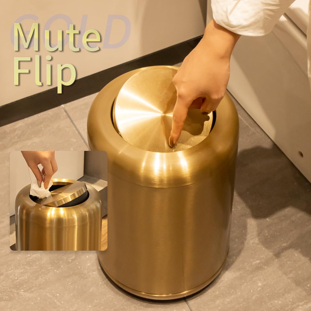 Waste Can 3 Gallon with Swing Lid，Brushed Stainless Steel Gold Trash Can，Metal Cylindrical Garbage Can，Brass Wastebasket Bin for Bathroom,LivingRoom,Office,Kitchen,Bedroom,Hotel (Gold)