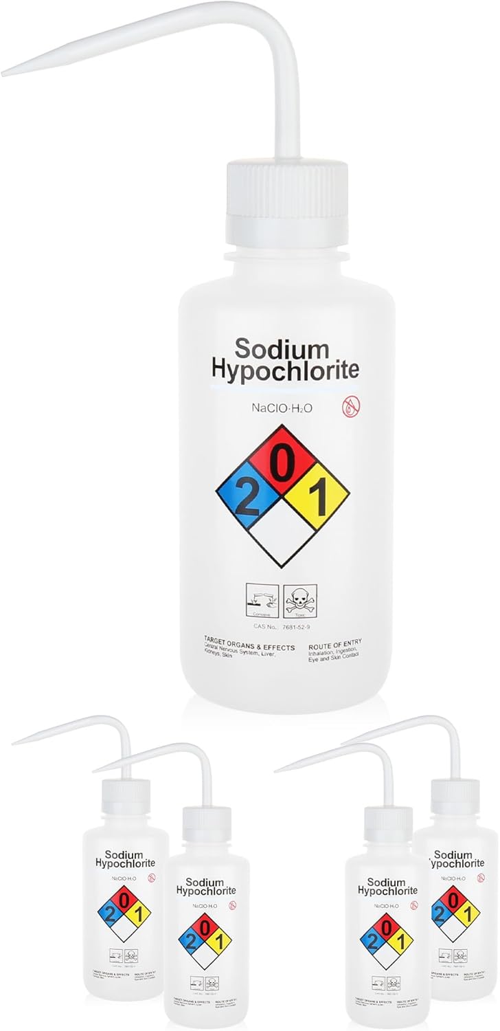 4pcs of Sodium Hypochloride Wash Bottles, Vol.500ml (17oz), Narrow Mouth, Self-Venting Safety Wash Bottles, LDPE Material, IN-WBS500