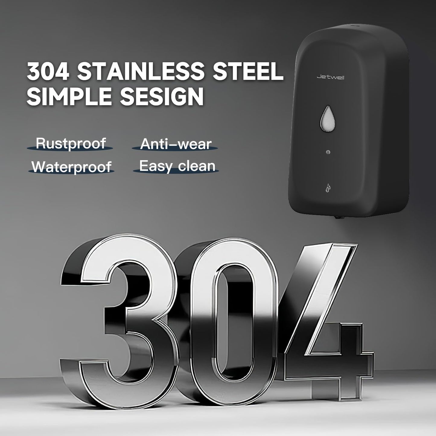 JETWELL Automatic Touch-Less Wall Mount Hand Soap Dispenser Liquid Drop Battery Operated, Black Matte Stainless Steel Cover Large Capacity 34OZ/1000ML for Kitchen Home Commercial Bathroom