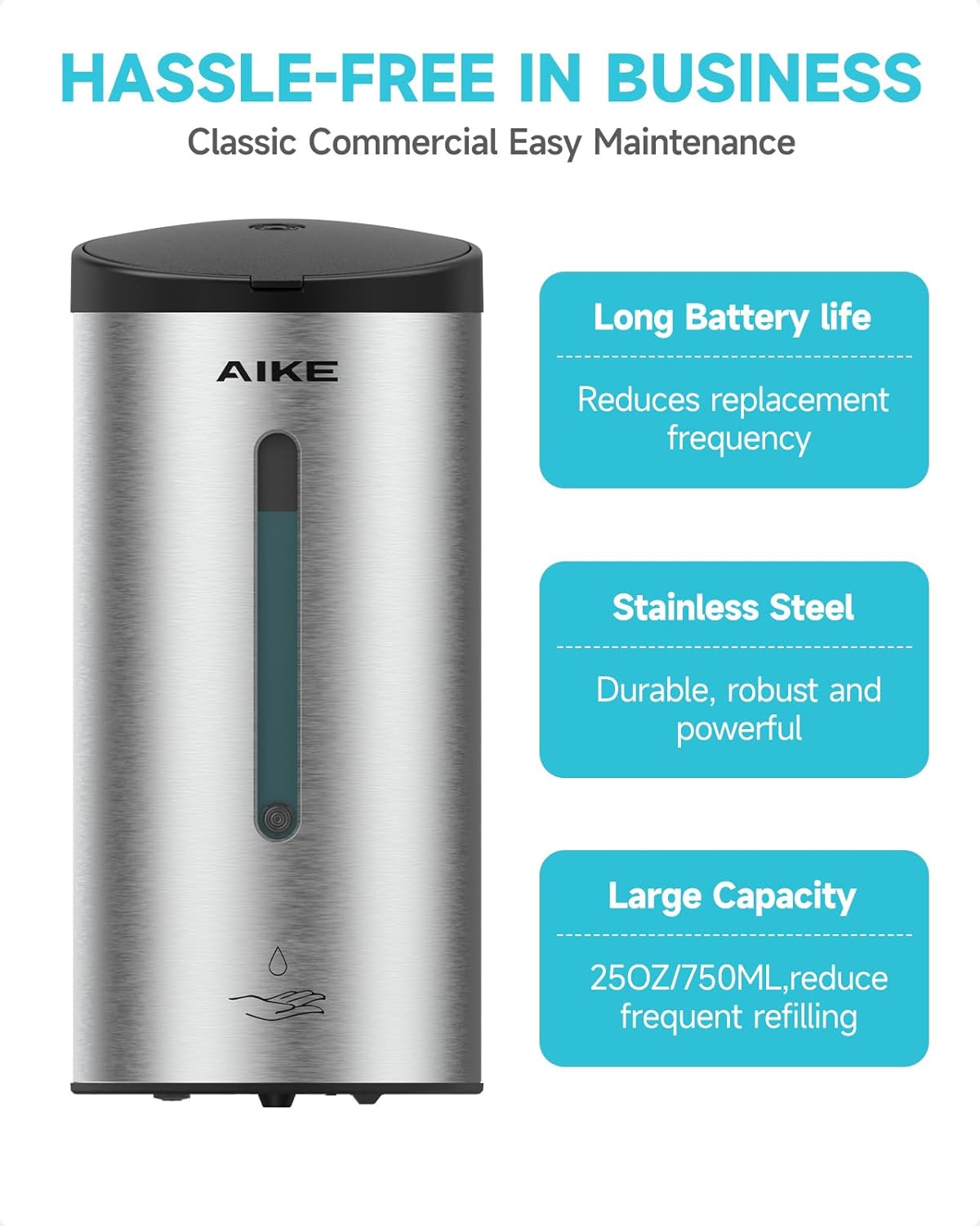 AIKE Automatic Wall Mount Liquid Soap Dispenser, Commercial Stainless Steel with 25oz Large Capacity Save Time Effort and Cost,Model AK1205(Brushed)