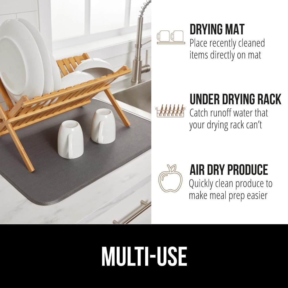 GORILLA GRIP Ultra Water Absorbent Microfiber Dish Drying Mat, 18x32, Quick Dry Thick Mesh, Slip Resistant Pad for Sink Dishes or Under Rack, Kitchen Counter Accessories, Machine Wash Mats, Gray