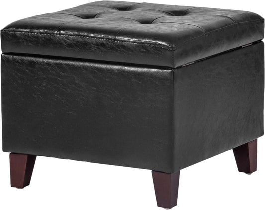 Adeco Storage Ottoman Foot Rest Stool, Leather Ottoman Footstool with Solid Wood Legs and Hinged Lid, 17.7" Small Foot Stool for Living Room, Bedroom