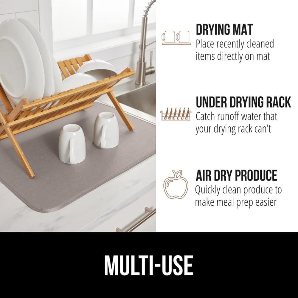 GORILLA GRIP Ultra Water Absorbent Microfiber Dish Drying Mat, Quick Dry Thick Mesh, Slip Resistant Pad for Sink Dishes or Under Rack, Kitchen Counter Accessories, 16x18, Machine Wash, 2 Pack Almond